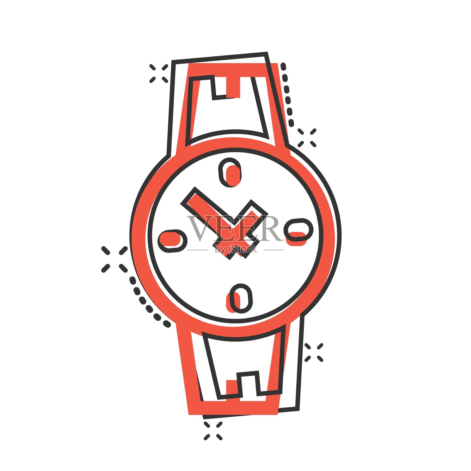 腕表图标在漫画风格。手时钟卡通矢量插图在白色孤立的背景。时间手镯飞溅效应经营理念。插画图片素材