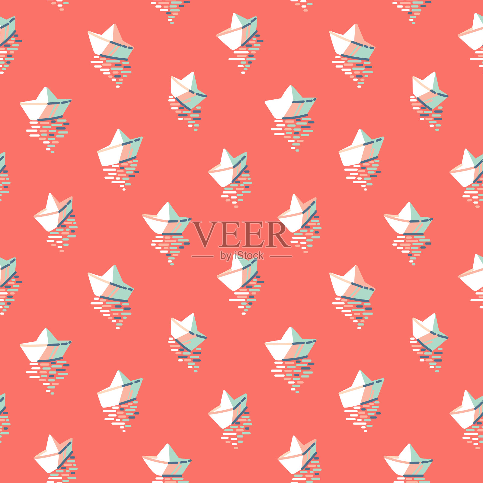 纸船在红色背景无缝矢量模式。手绘折纸船在日落海上度假设计。插画图片素材