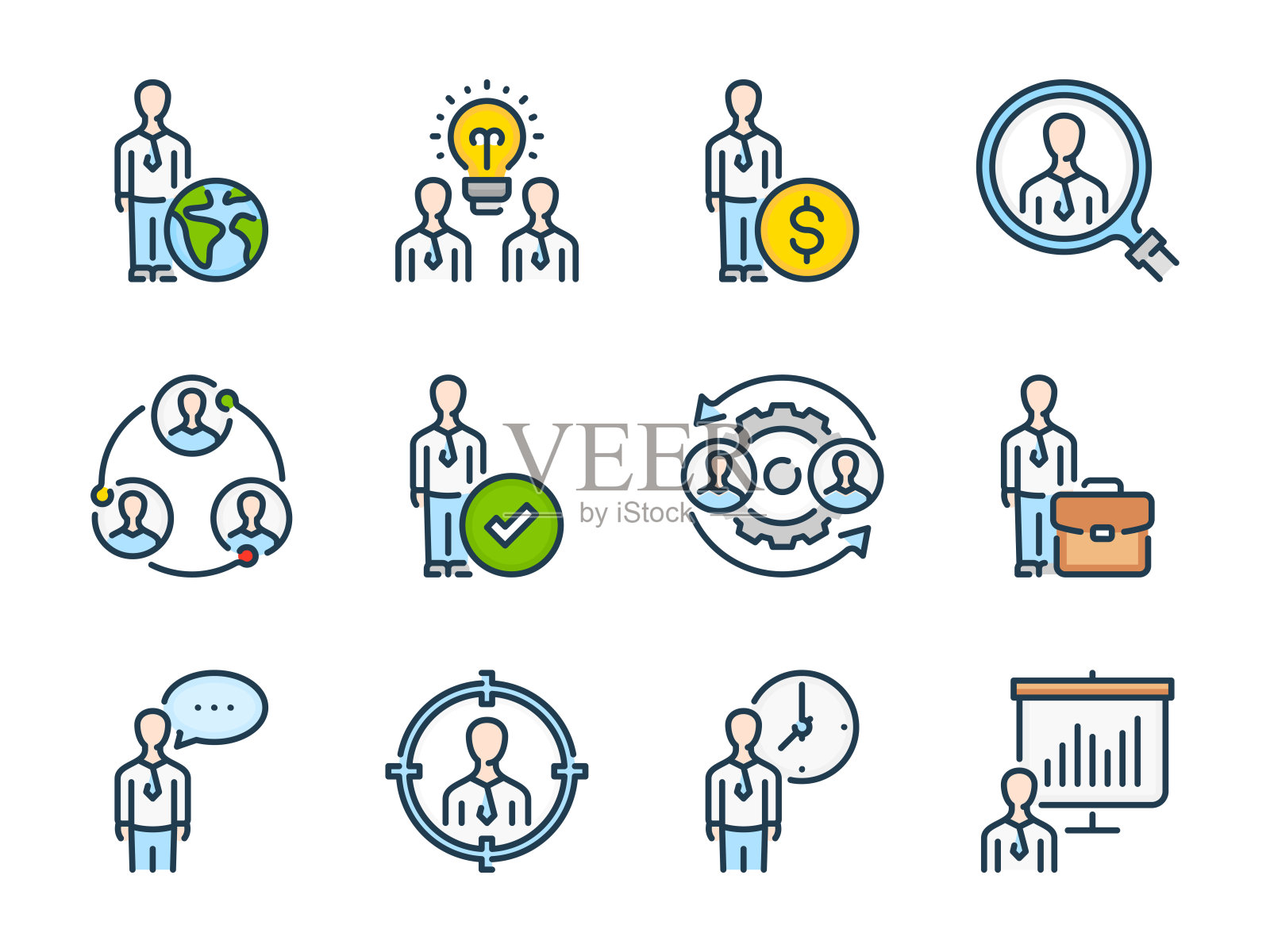 业务人员和人力资源相关的矢量线颜色图标。团队，团队合作大纲和伙伴彩色图标集。图标素材