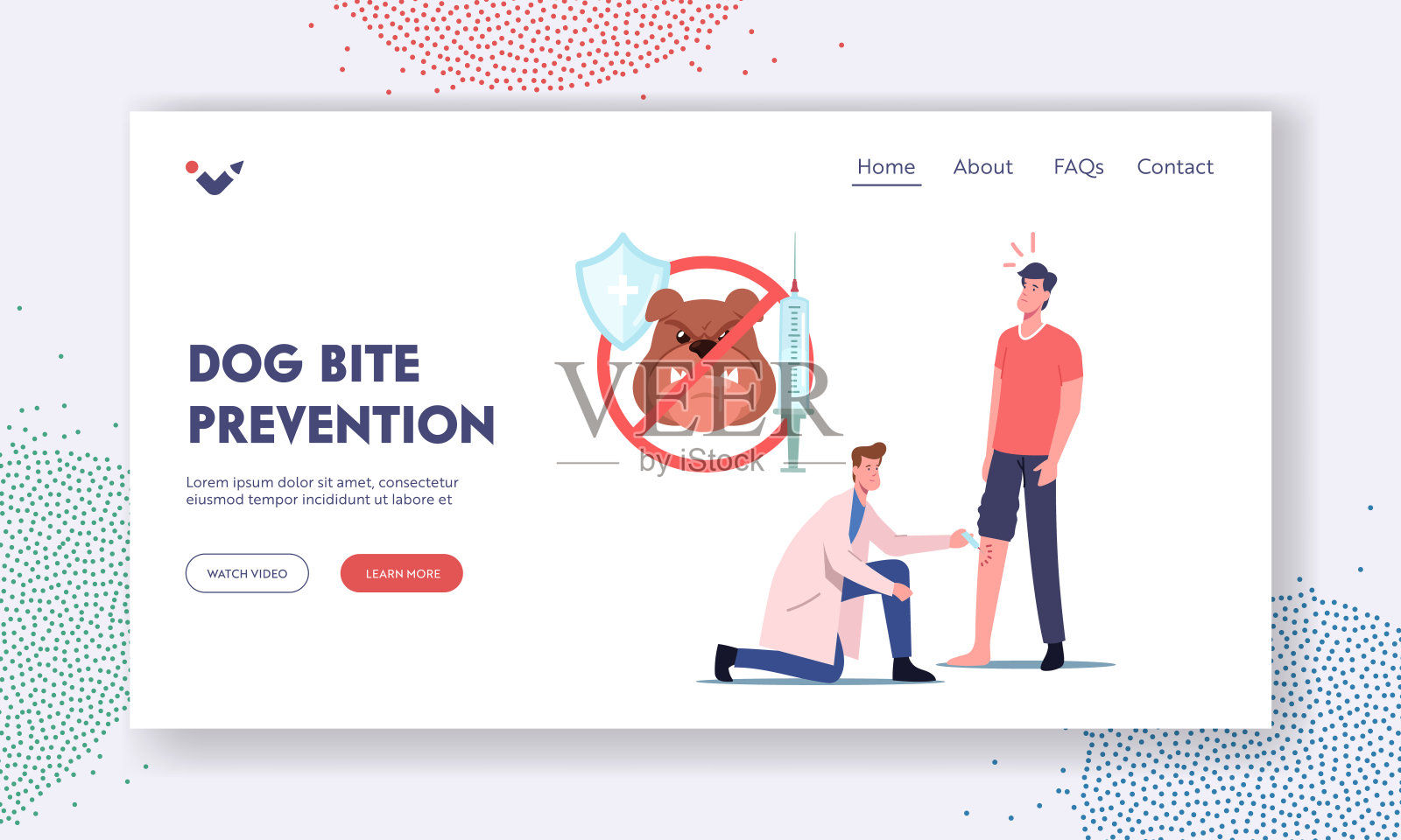 狗咬预防登陆页面模板。医生在伤者腿部注射抗狂犬病药物插画图片素材