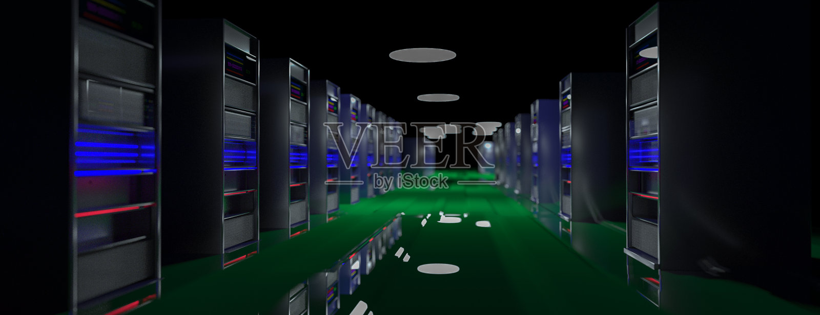 服务器。服务器机房数据中心。有存储信息的备份、主机、主机场和计算机机架。三维渲染照片摄影图片