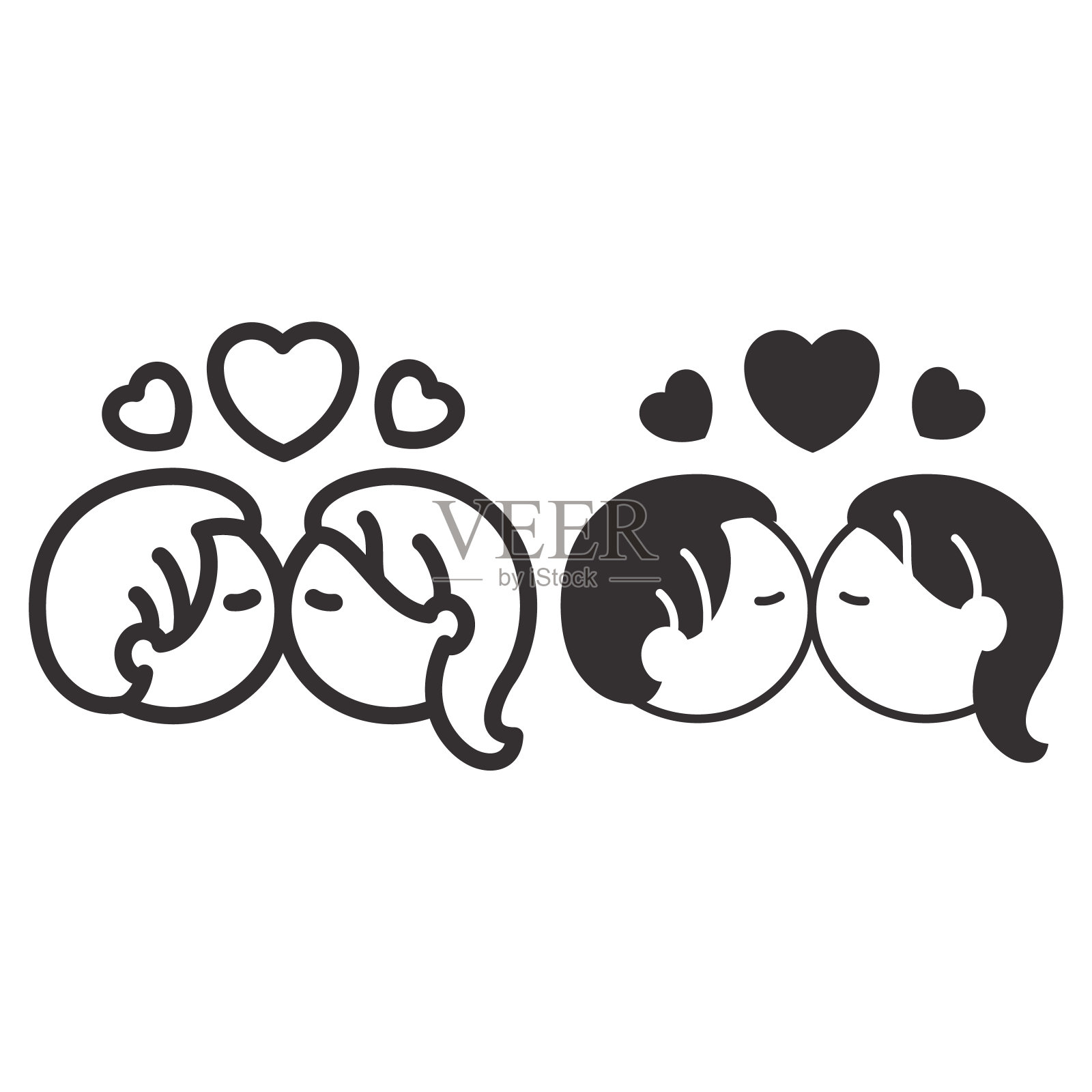 亲吻男孩和女孩线和固体图标，情人节概念，男孩和女孩坠入爱河的标志在白色背景，情人节亲吻图标在轮廓风格的移动和网络。矢量图形。插画图片素材