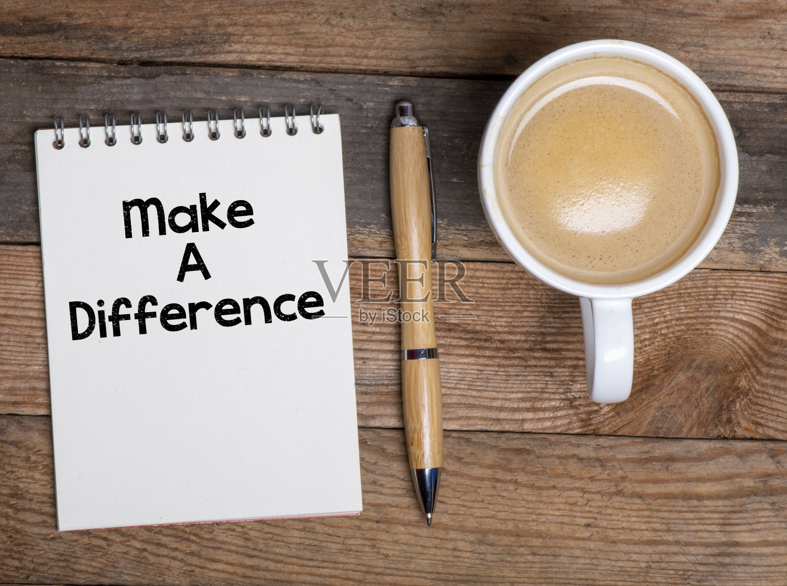 在木桌上的笔记本上写下与众不同的文字。照片摄影图片