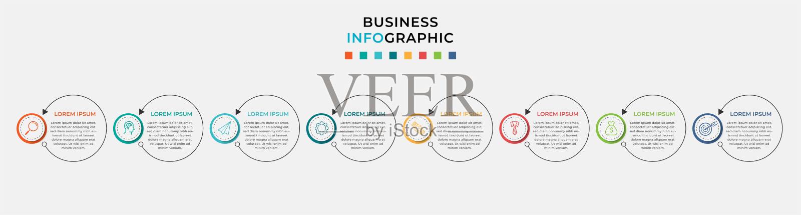 最小业务信息图模板。时间轴与7个步骤，选项和营销图标插画图片素材