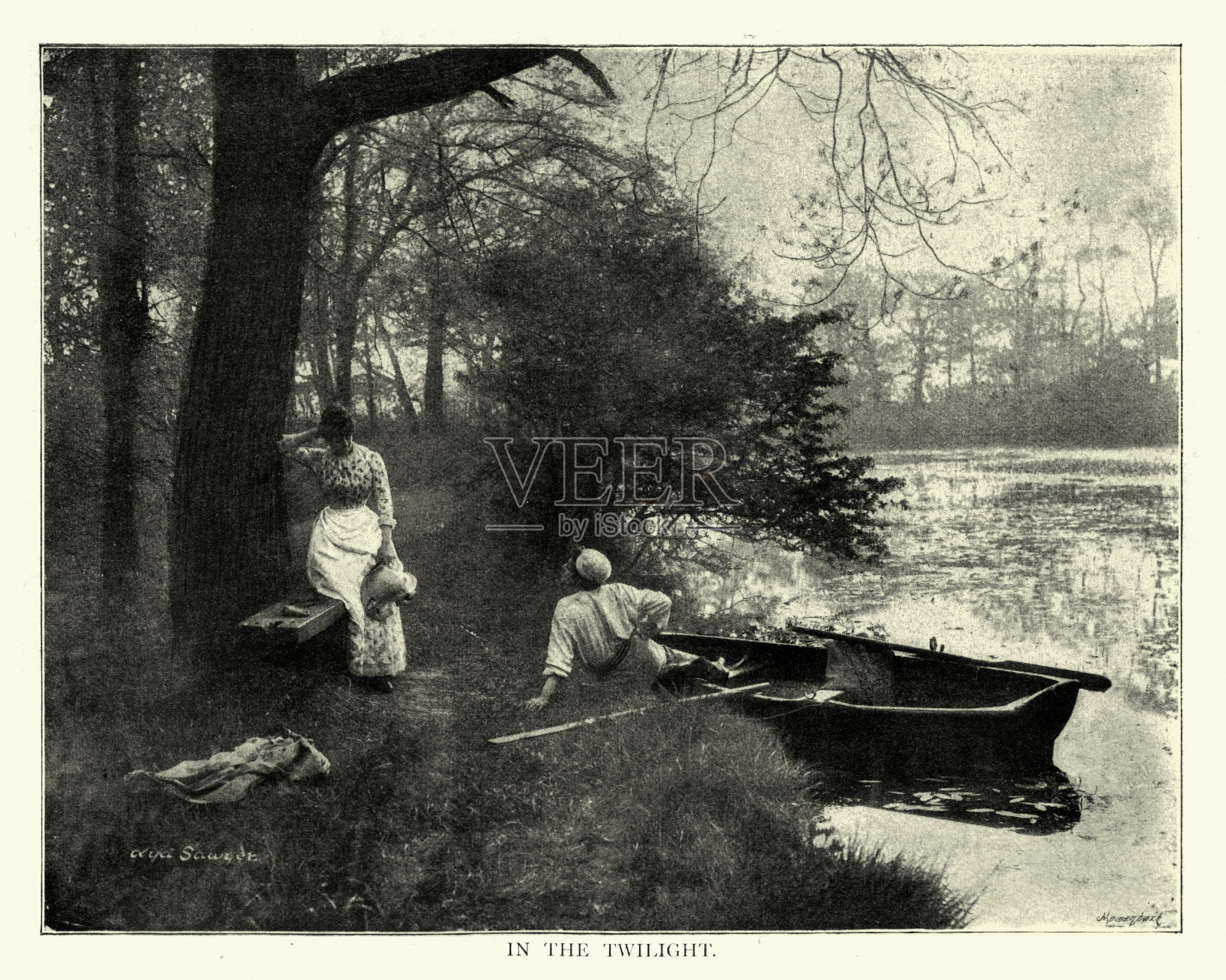 维多利亚时代的照片，黄昏中，一对年轻夫妇在河边调情照片摄影图片