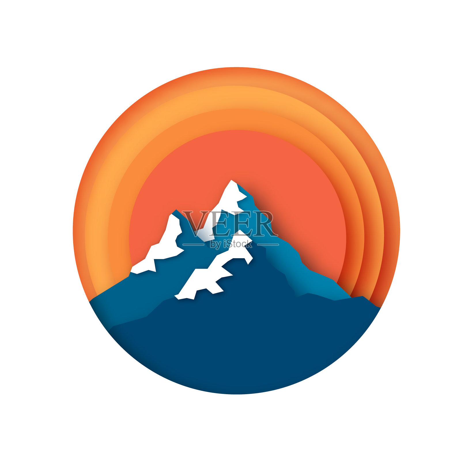 雪山峰。风景剪纸风格。希尔和太阳。圆框插画图片素材