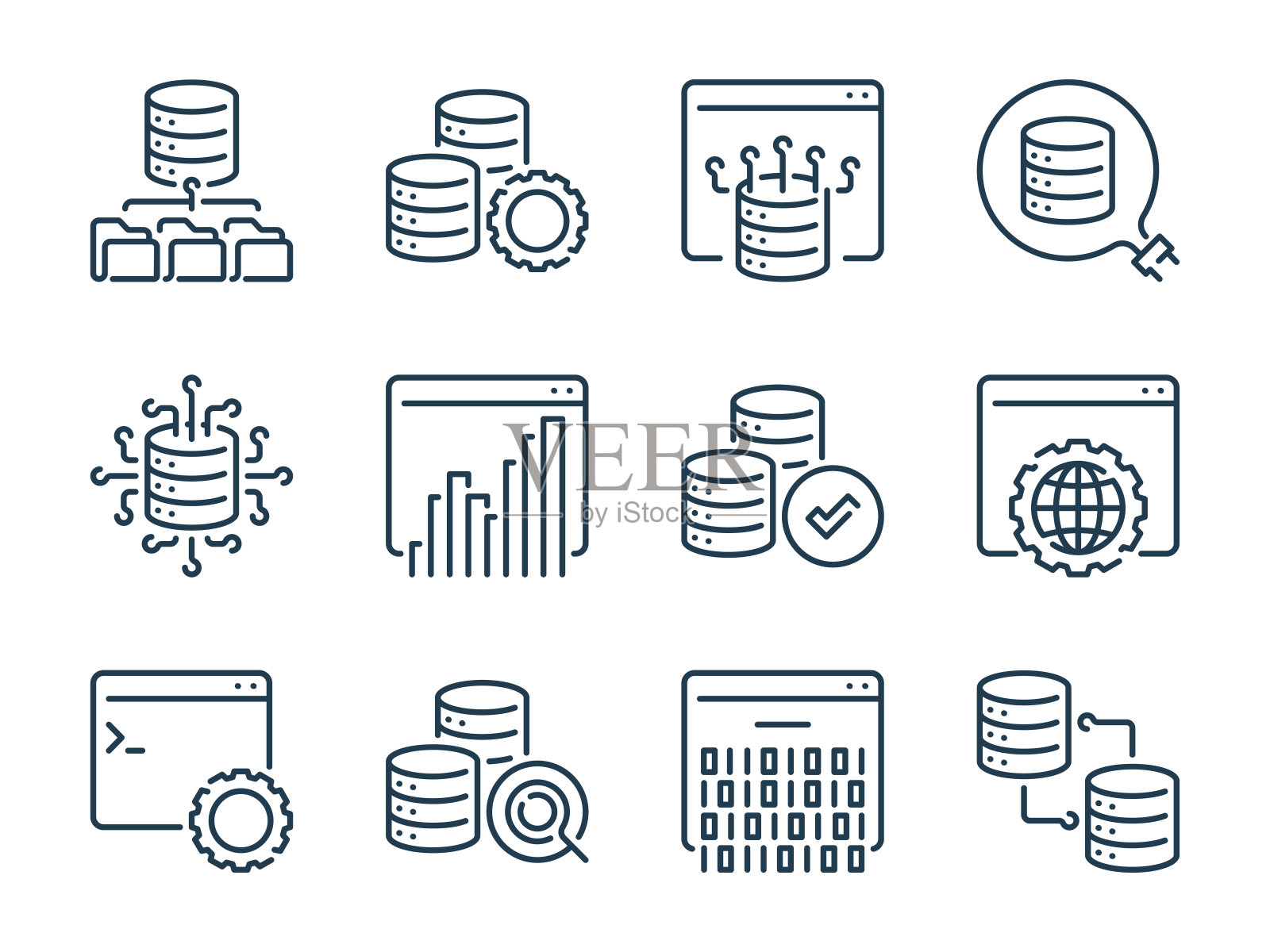 数据库和数据存储相关的矢量线图标。网络数据库服务大纲图标集。图标素材