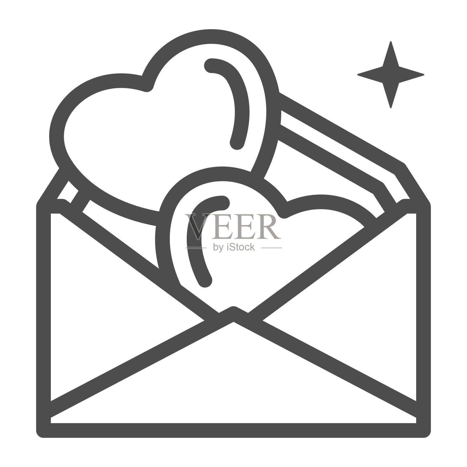 两颗爱的心在信封线图标，情人节的概念，婚礼邀请标志在白色的背景，情人节信与心形图标在轮廓风格。矢量图形。插画图片素材