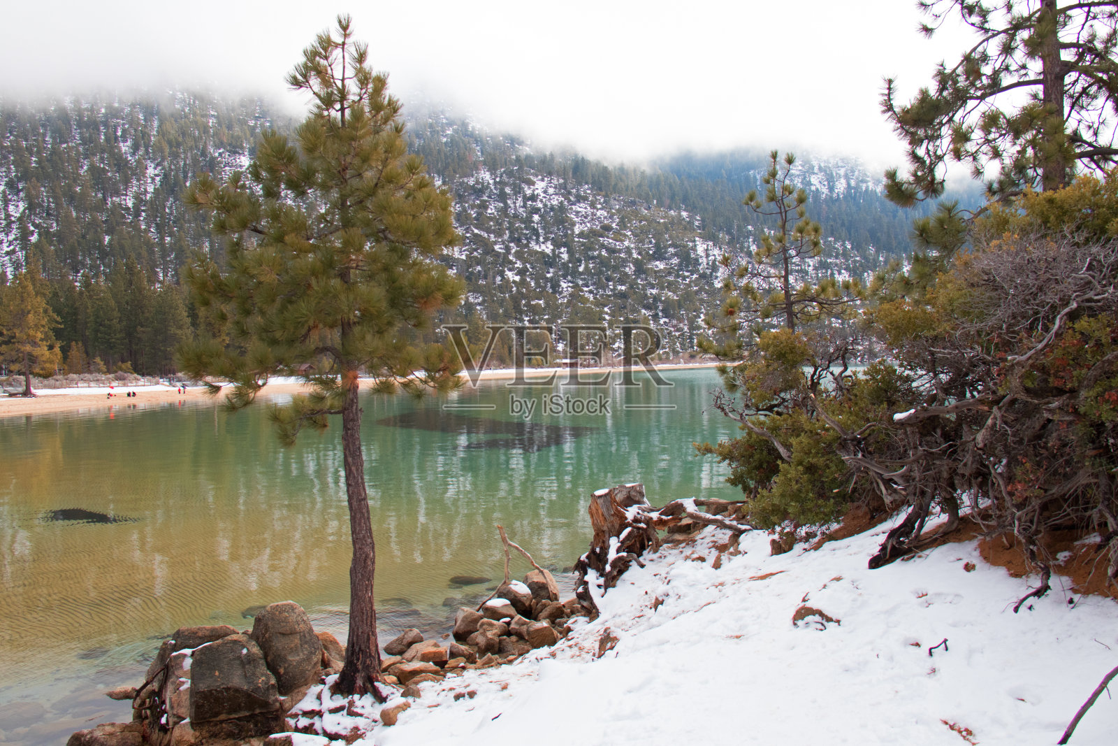 蓝色的湖在森林里的雪照片摄影图片