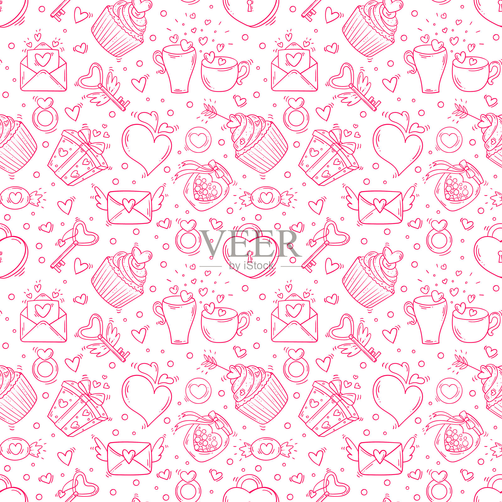 无缝模式与情人节和爱情单色对象涂鸦风格的白色背景插画图片素材