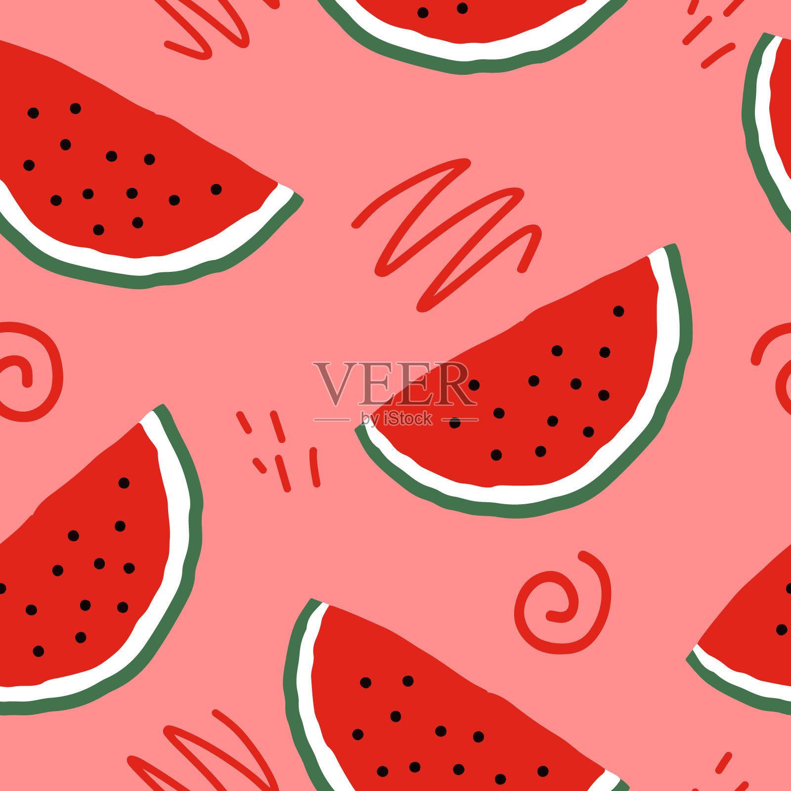 西瓜片和涂鸦矢量无缝图案。手绘。壁纸插图，包装纸，纺织品，背景。红色多汁的夏季水果。插画图片素材