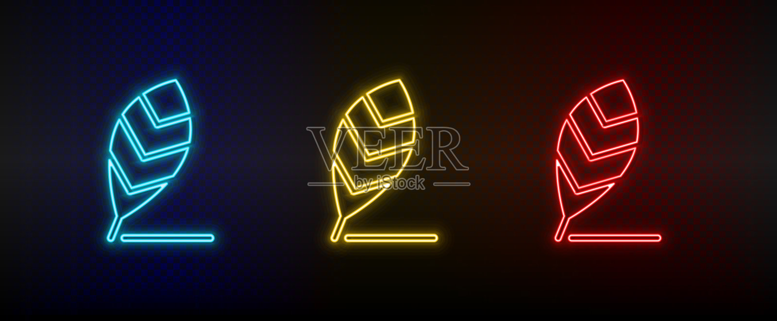 霓虹图标，钢笔，鸟羽毛。一套红色，蓝色，黄色霓虹灯矢量图标插画图片素材