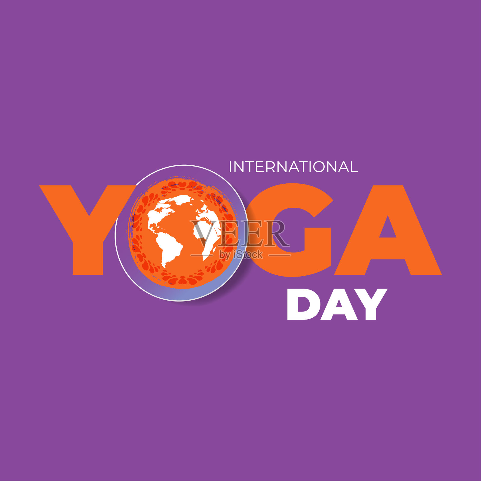 国际瑜伽日庆祝6月21日。贺卡，海报，横幅，传单，明信片概念设计。橙色的纸字瑜伽在紫色的背景。矢量图插画图片素材