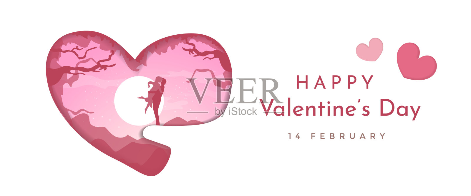 快乐的情人节纸卡片设计与创意和可爱的粉红色，红色的心形夫妇在白色的背景。矢量贺卡设计。插画图片素材