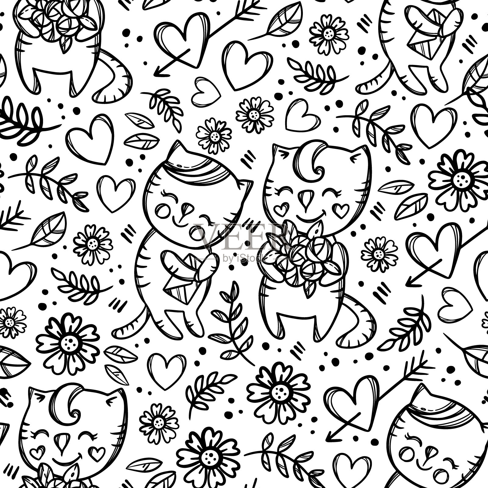 CAT给出花束单色无缝模式矢量插图插画图片素材