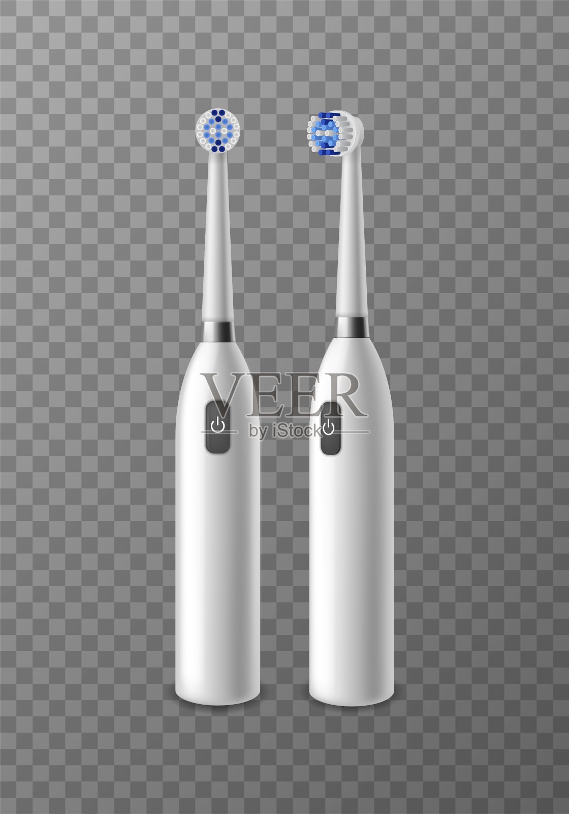 电动牙刷。逼真的牙科附件正面和侧视图孤立在透明的背景，白色电动牙刷每日早晨口腔卫生矢量插图插画图片素材