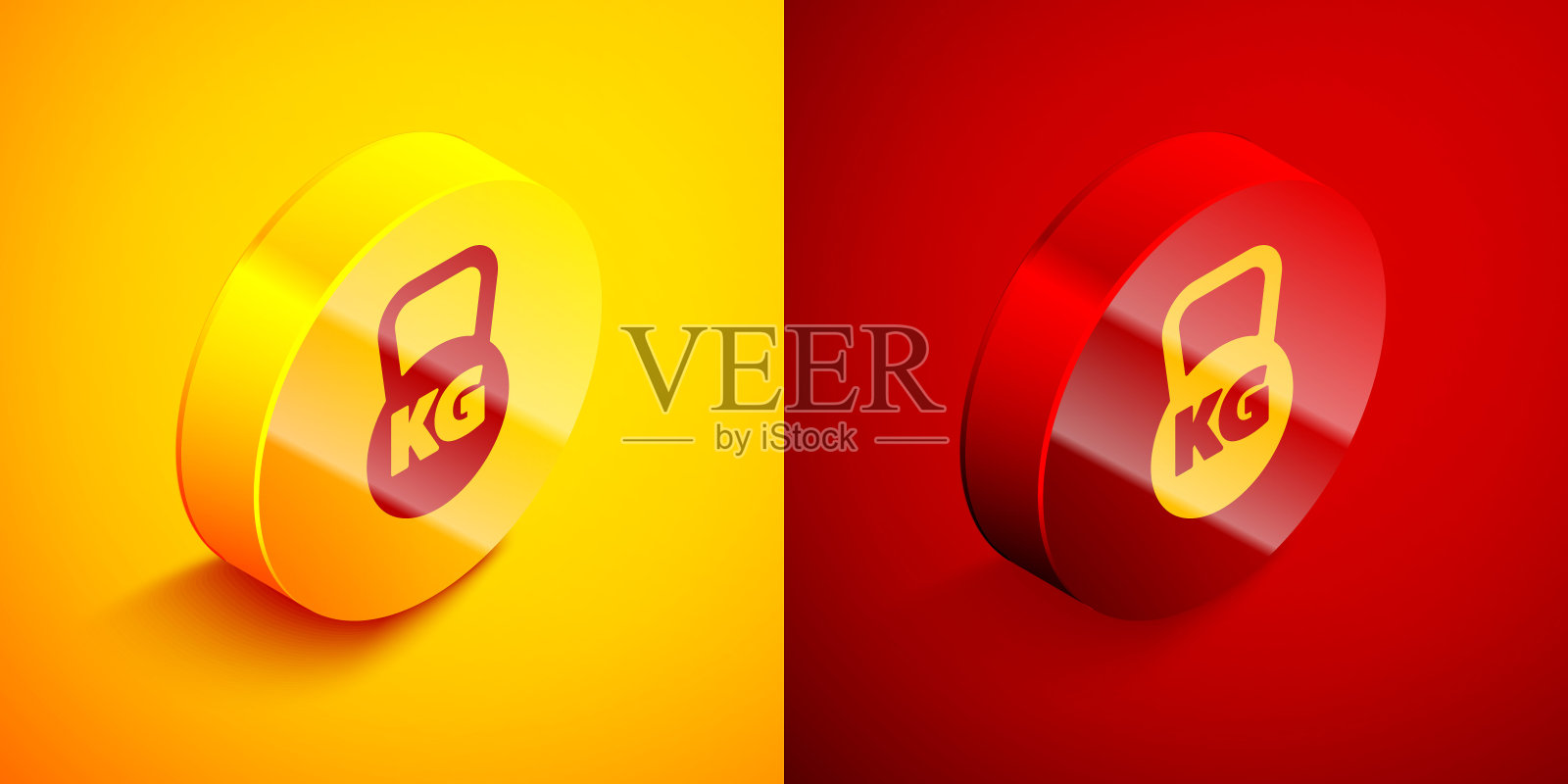 等距壶铃图标孤立在橙色和红色的背景。运动设备。圆按钮。向量插画图片素材