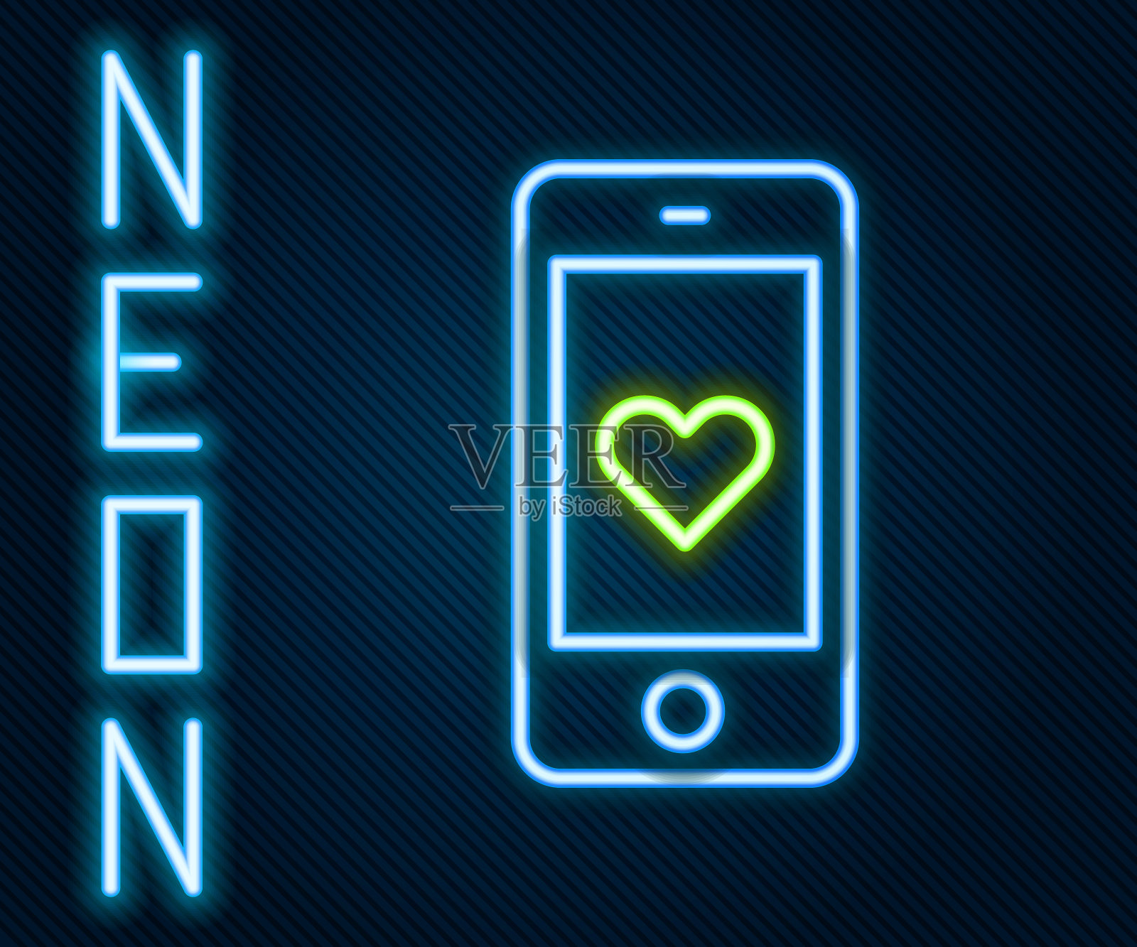 发光的霓虹线智能手机与心表情语音泡泡获得信息屏幕图标孤立在黑色背景。情人节。色彩斑斓的轮廓的概念。向量插画图片素材