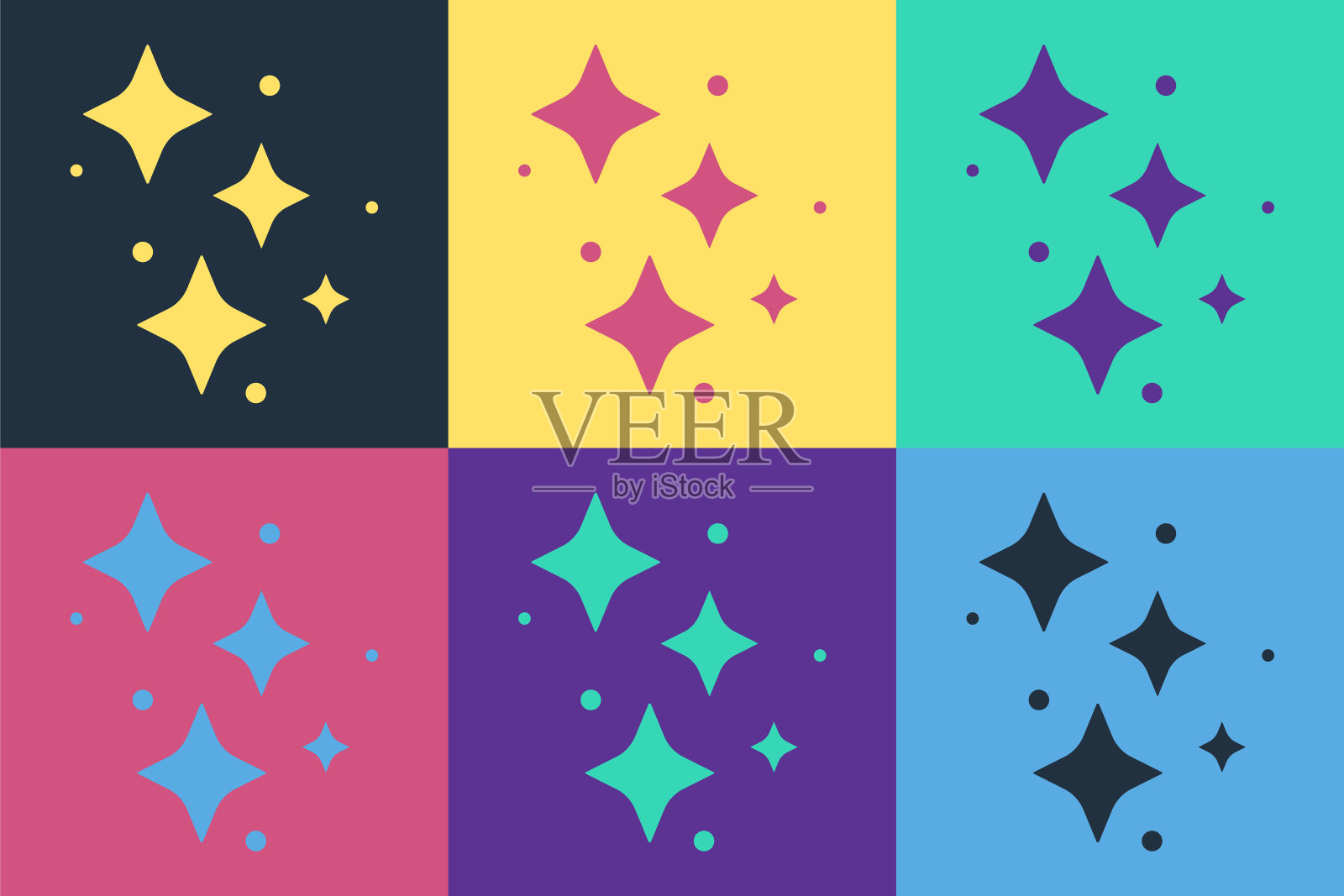 流行艺术火花星与魔法闪烁粒子图标孤立的颜色背景。神奇的圣诞装饰。向量插画图片素材