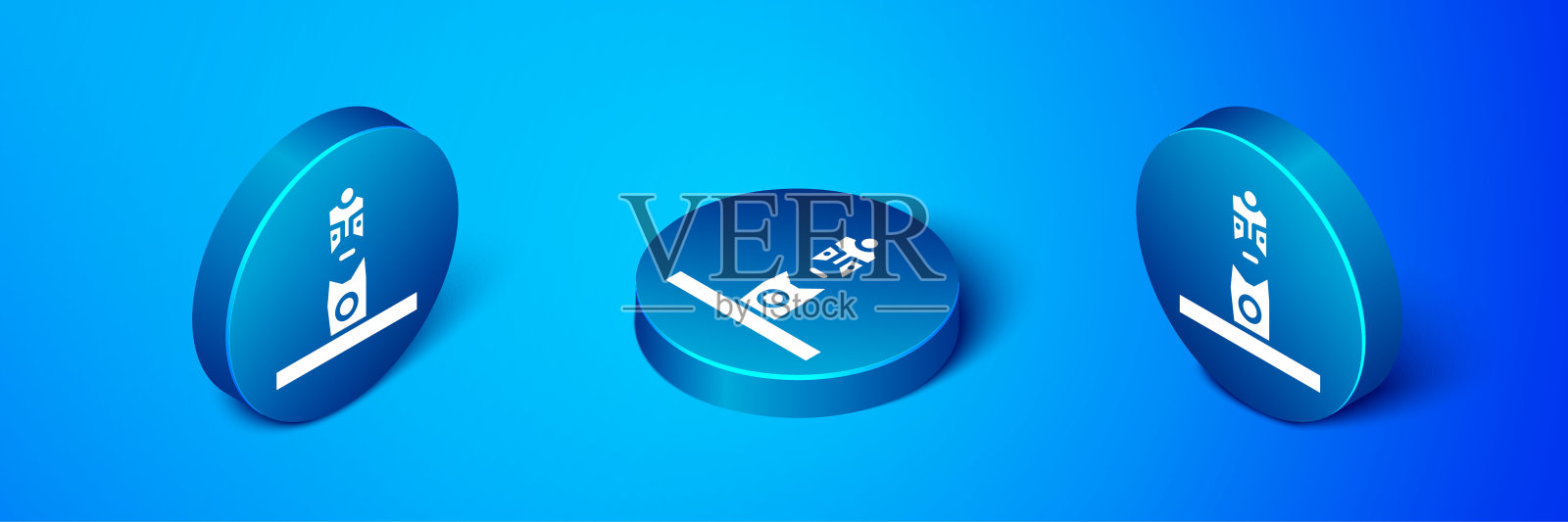 等距斯拉夫异教偶像孤立在蓝色背景。古董仪式木制偶像。蓝色圆按钮。向量图标素材