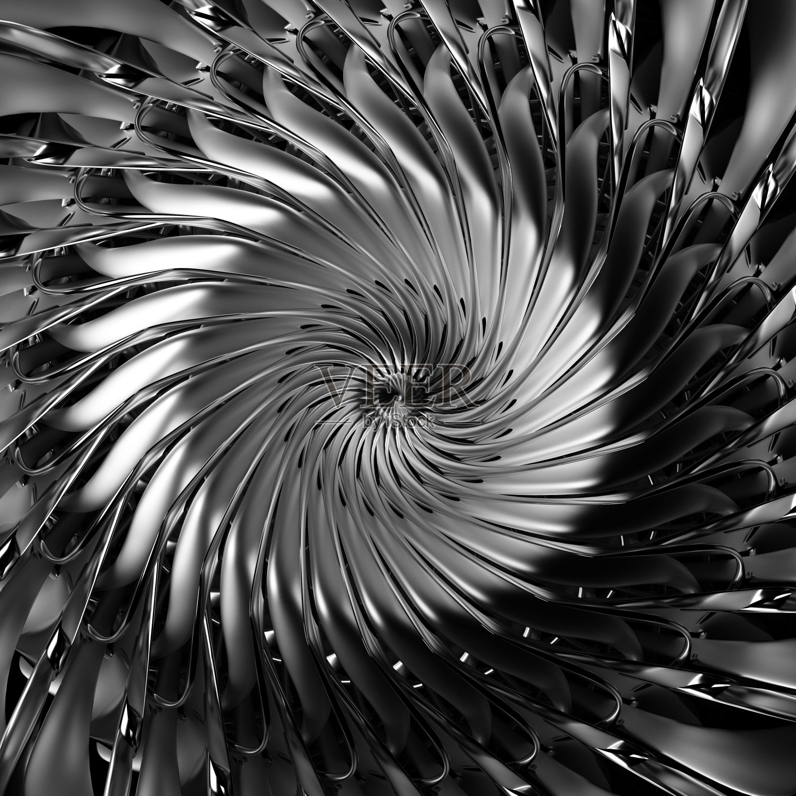 3d黑白单色抽象艺术3d背景，部分超现实对称异形螺旋花基于分形扭曲结构的曲线生物有机形式，在哑光银色和铝金属材料照片摄影图片