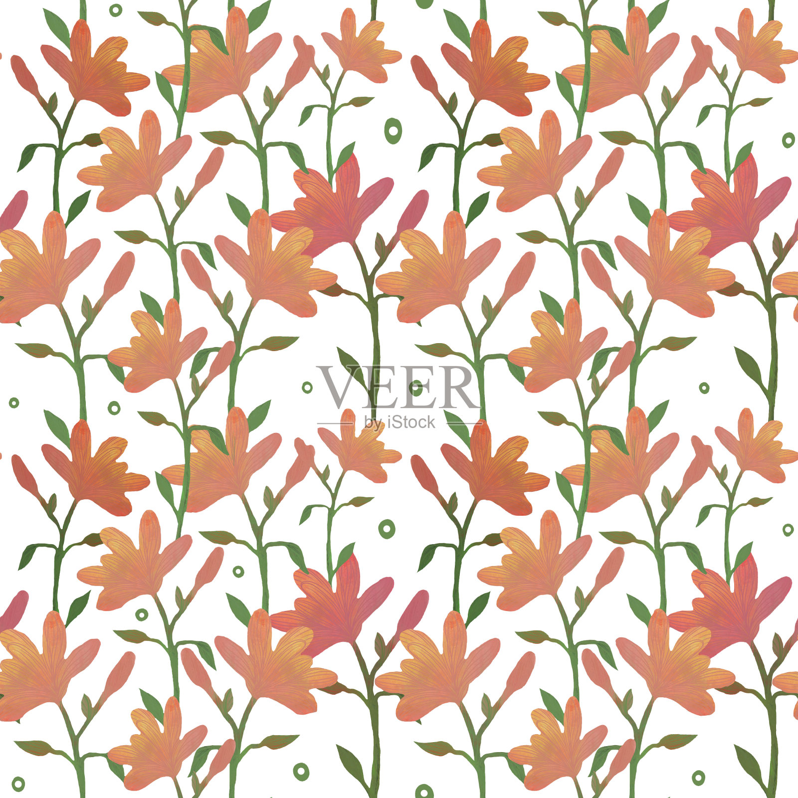 可爱的暖花和绿叶的无缝图案，孤立的白色背景，不同深浅的橙色的花，花瓣上的叶脉是粉红色的，绿色的环小元素。股票插图。插画图片素材