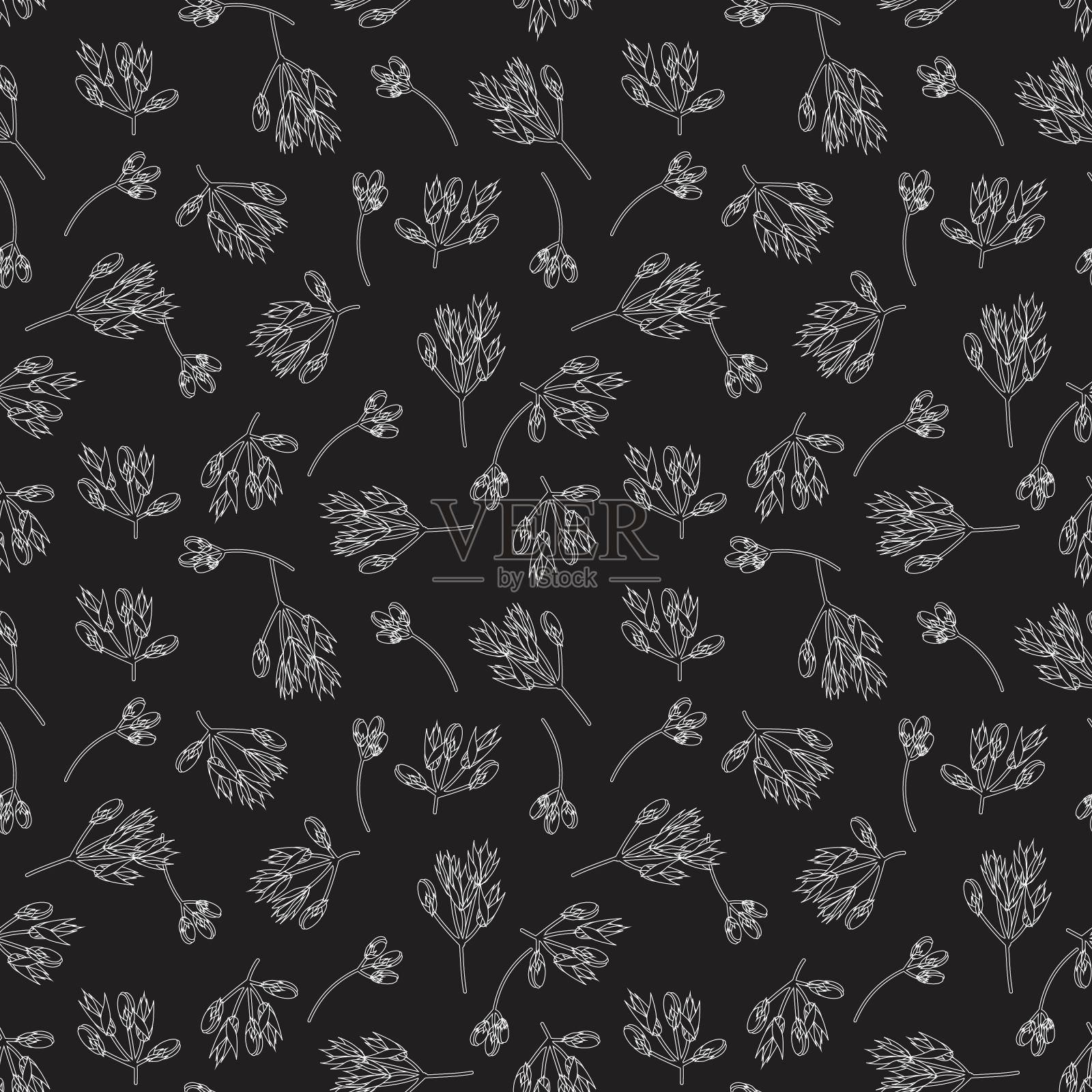 黑白花卉植物无缝图案插画图片素材