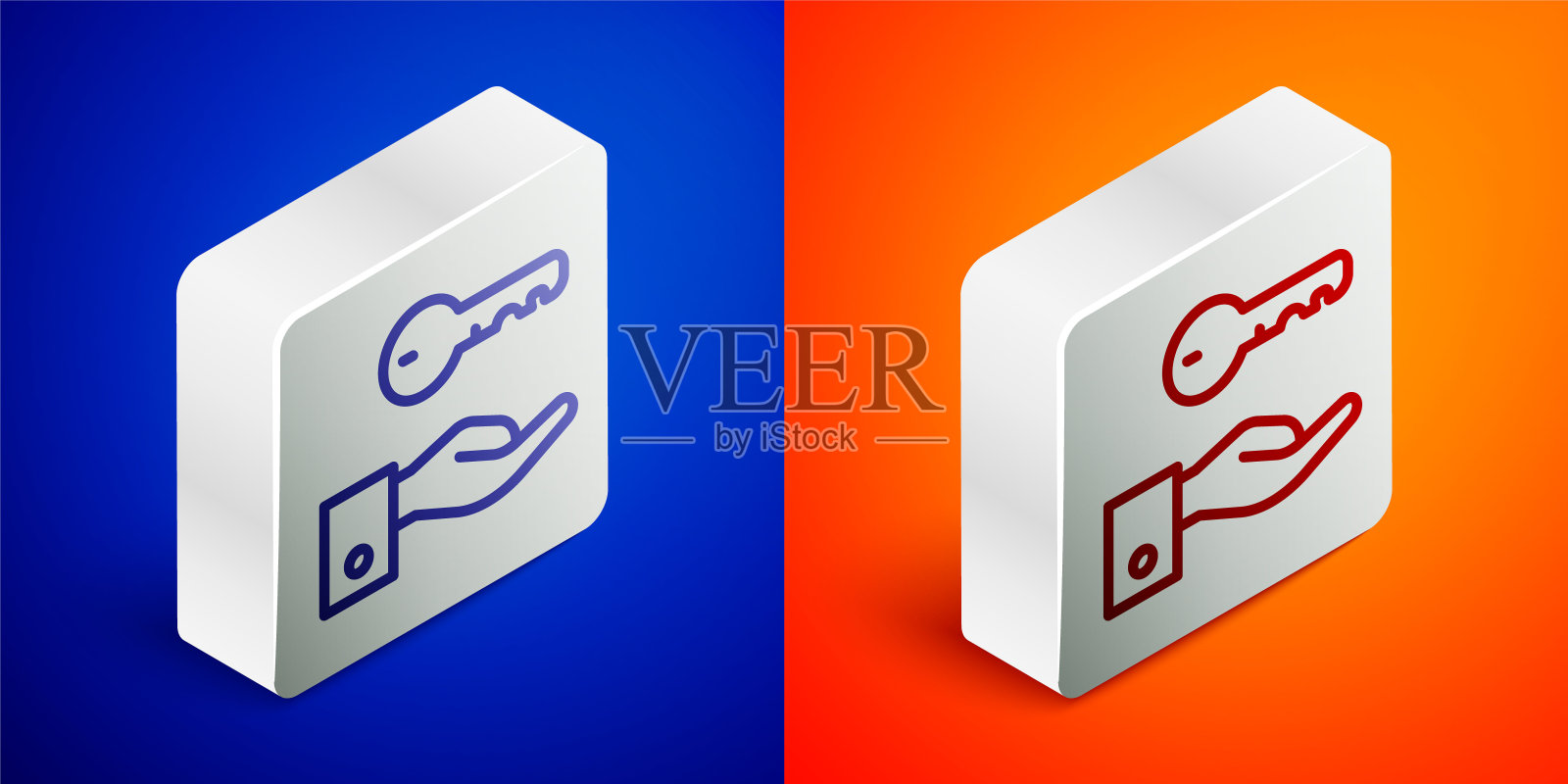 酒店门锁钥匙图标隔离在蓝色和橙色背景上。银广场按钮。向量图标素材