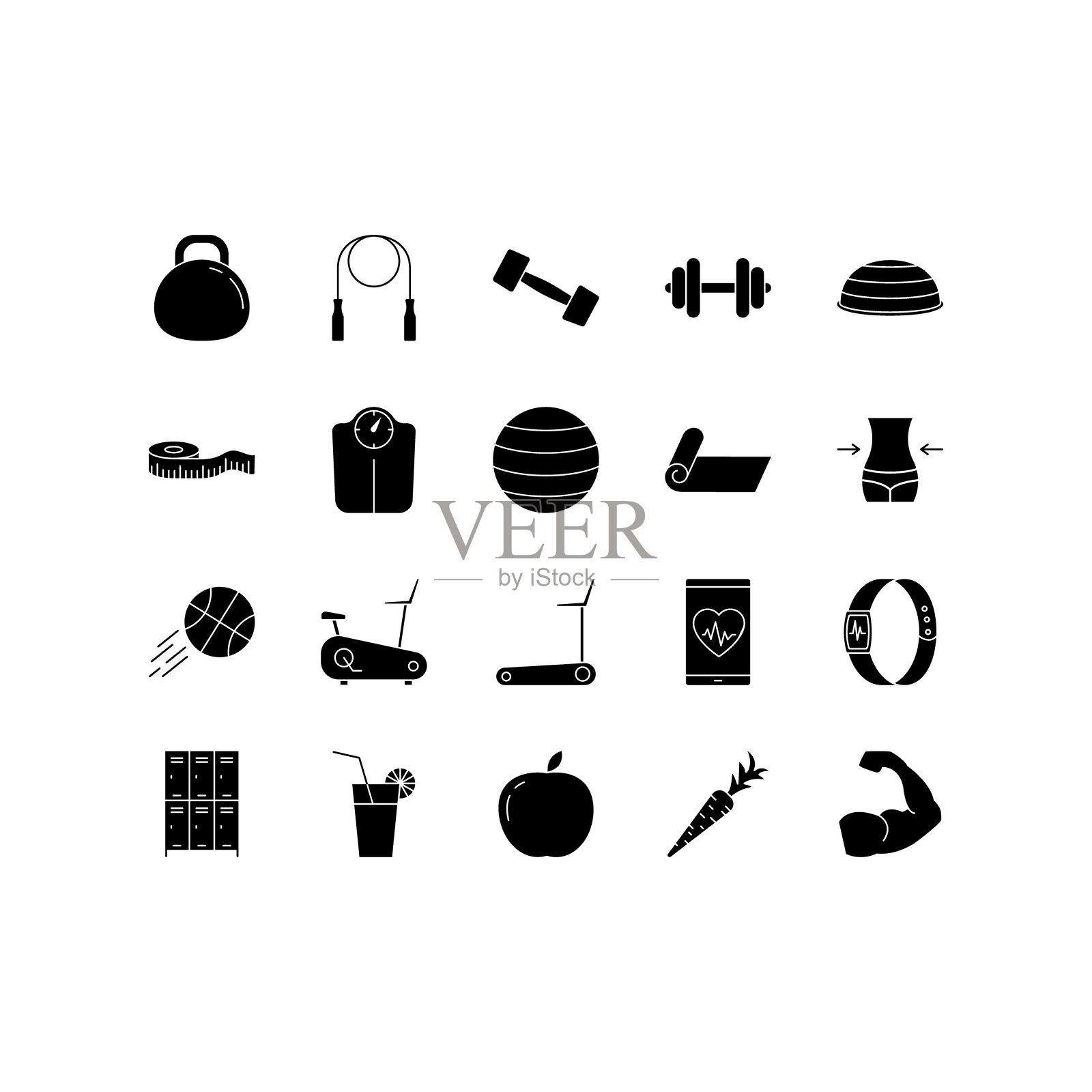 健身，运动和健身房图标设置。健康的生活方式的象征。用于演示，平面设计，移动应用，网页设计，信息图表图标素材