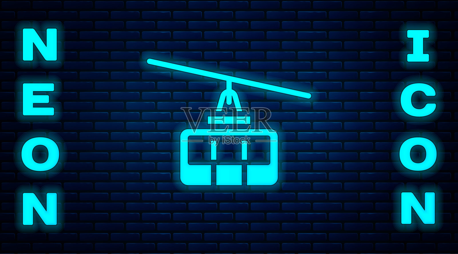 霓虹灯缆车图标孤立在砖墙背景上。缆索的迹象。向量插画图片素材