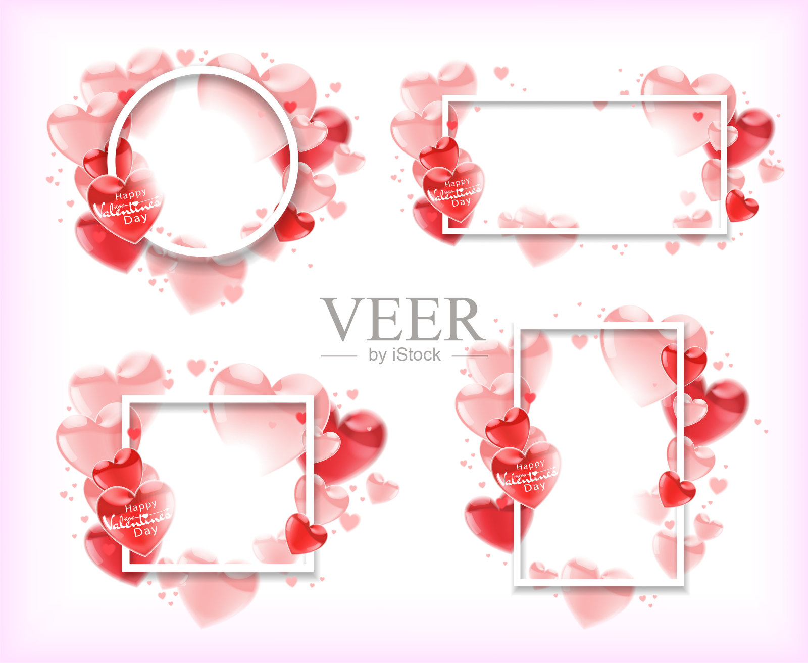 情人节快乐。在白色的背景上，有光泽的粉红色气球在飞行。放置问候短信。矢量插图。插画图片素材