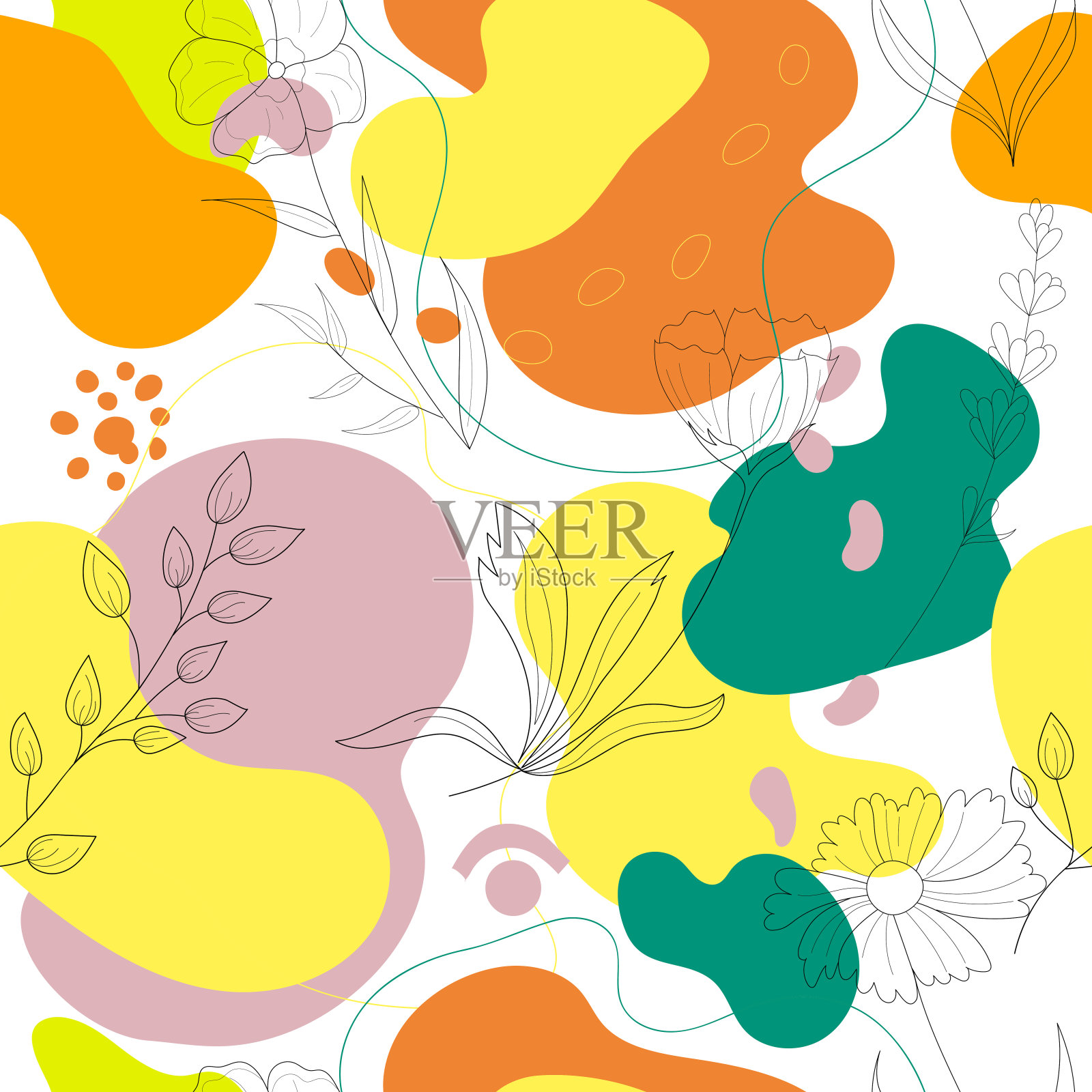 植物和抽象图案。用抽象形状绘制的树叶线条艺术。抽象植物艺术设计版画，封面，墙纸，最小和自然的墙壁艺术。矢量插图。插画图片素材