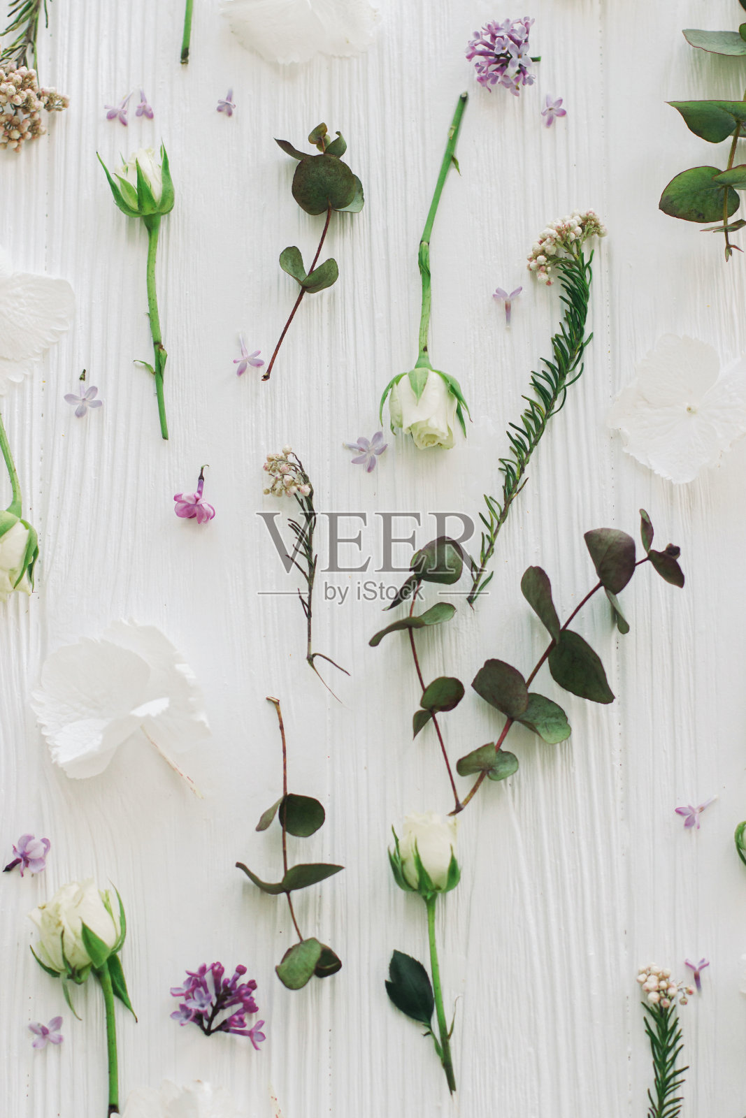 时尚的丁香，玫瑰和桉树树枝和鲜花现代组成的白木平躺照片摄影图片