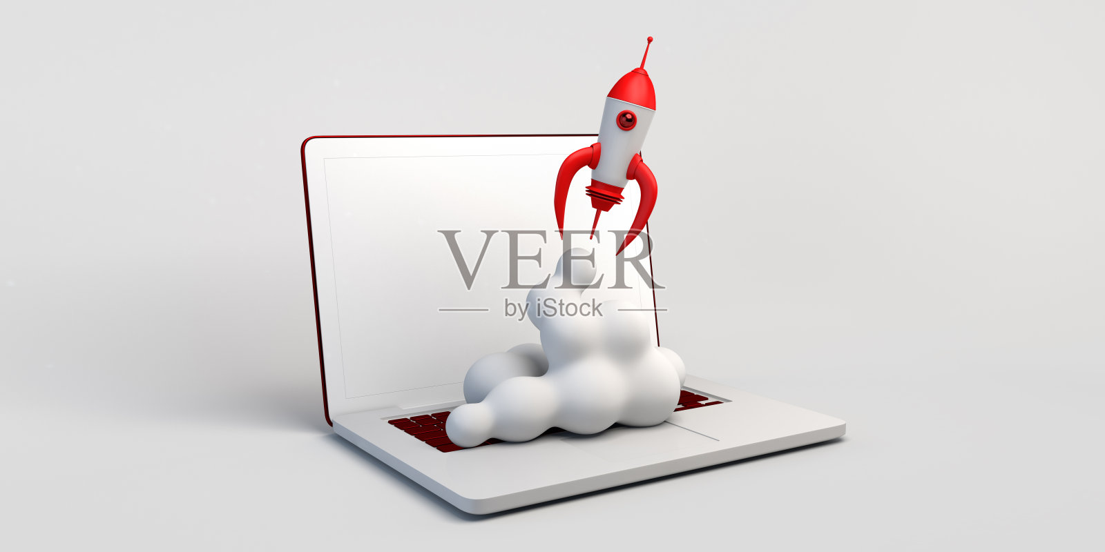 红色火箭发射在笔记本电脑空屏幕。新产品或新服务的开发和推广。启动。3 d演示。照片摄影图片