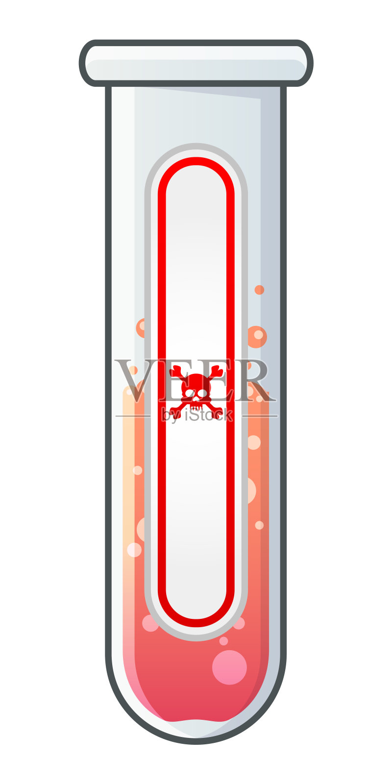 装有危险有毒液体的化学玻璃烧瓶。白色标签，红色骷髅和交叉的骨头。化学武器，酸或毒药。卡通插图。插画图片素材