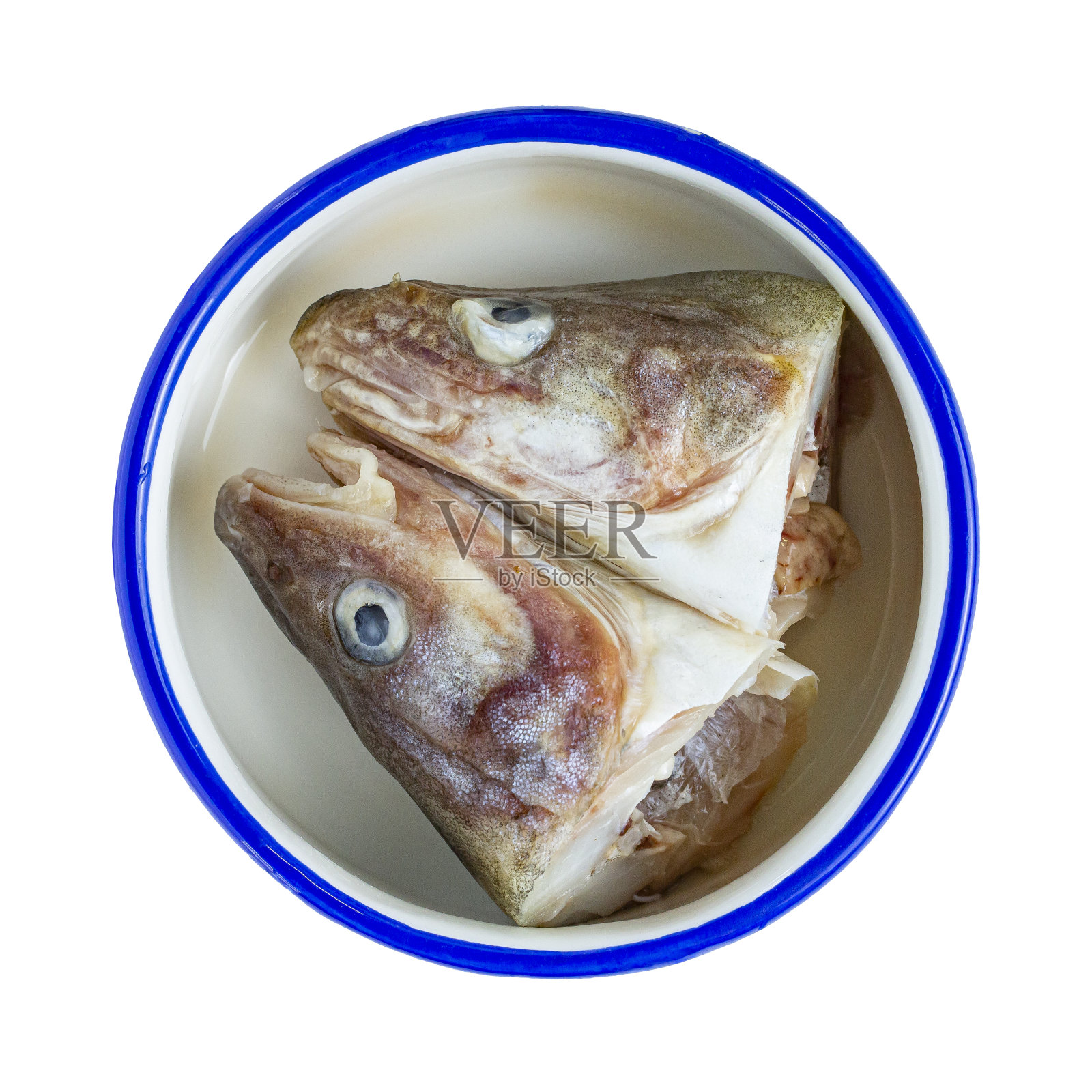 鱼头在猫碗特写，孤立上白。照片摄影图片