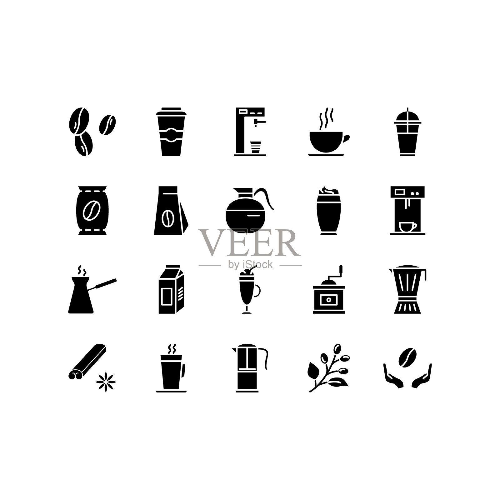 咖啡线图标设置。包含豆类，热鸡尾酒和咖啡机，浓缩咖啡杯，卡布奇诺系列图标等图标图标素材