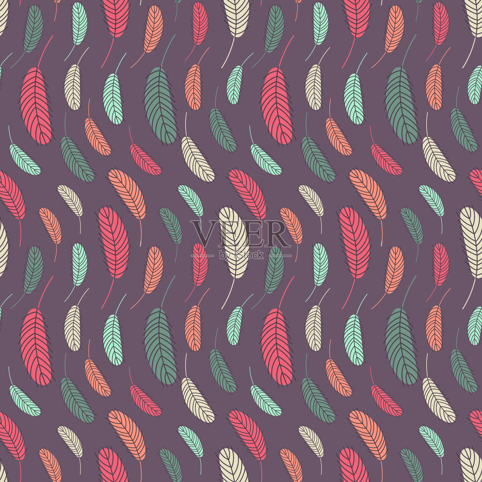 鸟羽毛无缝图案。鸡毛复活节图案。矢量平面插图。设计纺织品，包装，包装，贺卡，纸张，印刷。插画图片素材