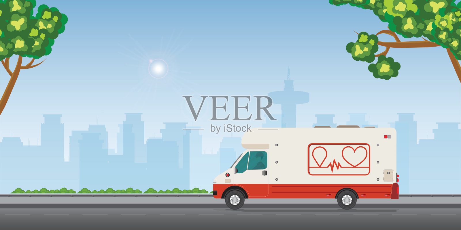 现代城市街道上的流动输血车。插画图片素材