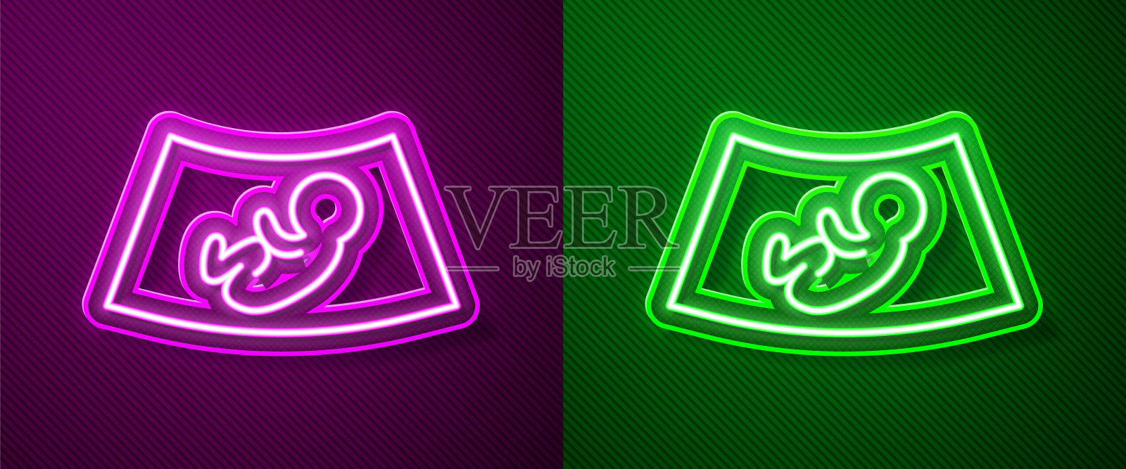 发光的霓虹线超声波婴儿图标孤立在紫色和绿色的背景。胎儿。向量图标素材