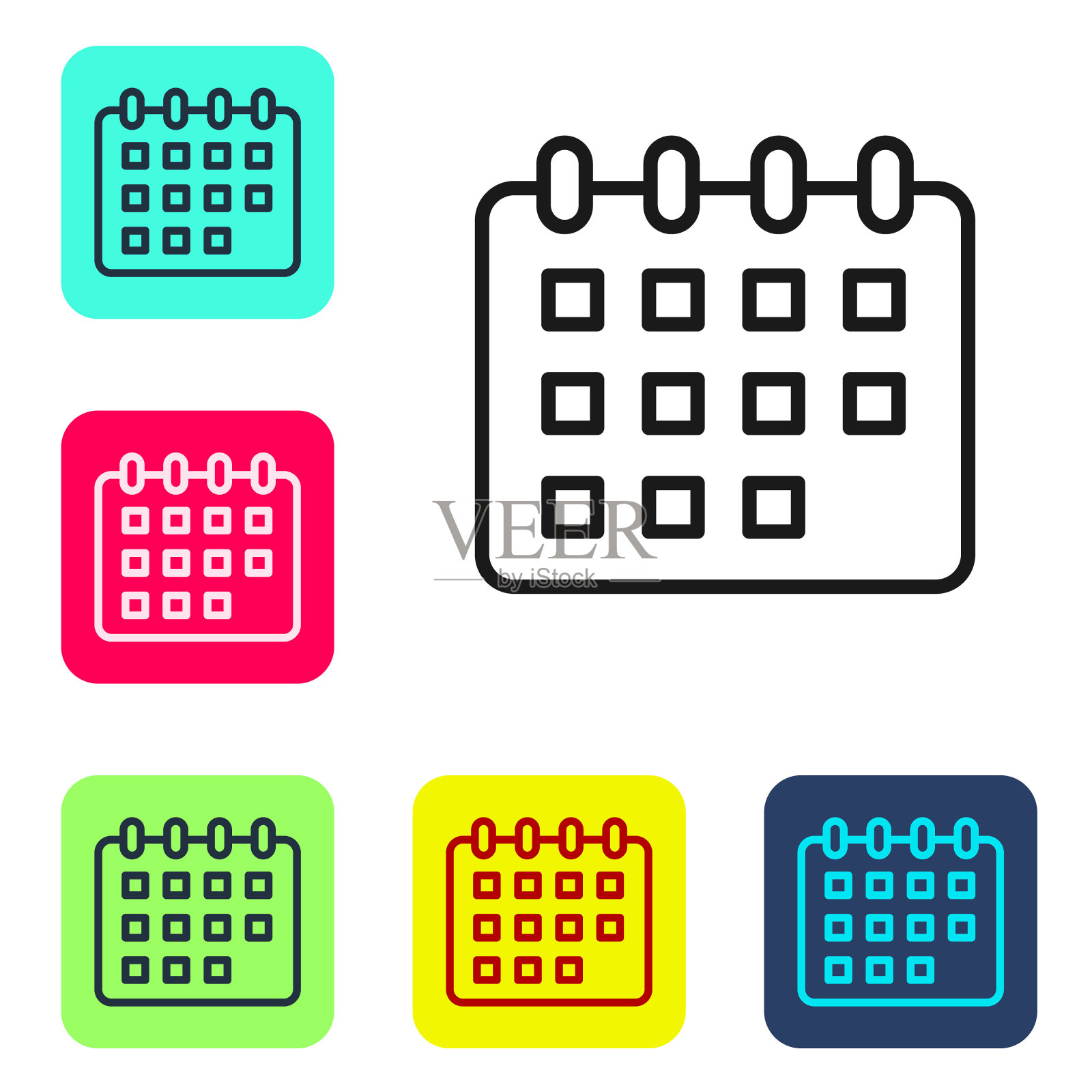 黑线日历图标孤立在白色背景上。事件提醒标志。设置图标的颜色方形按钮。向量图标素材