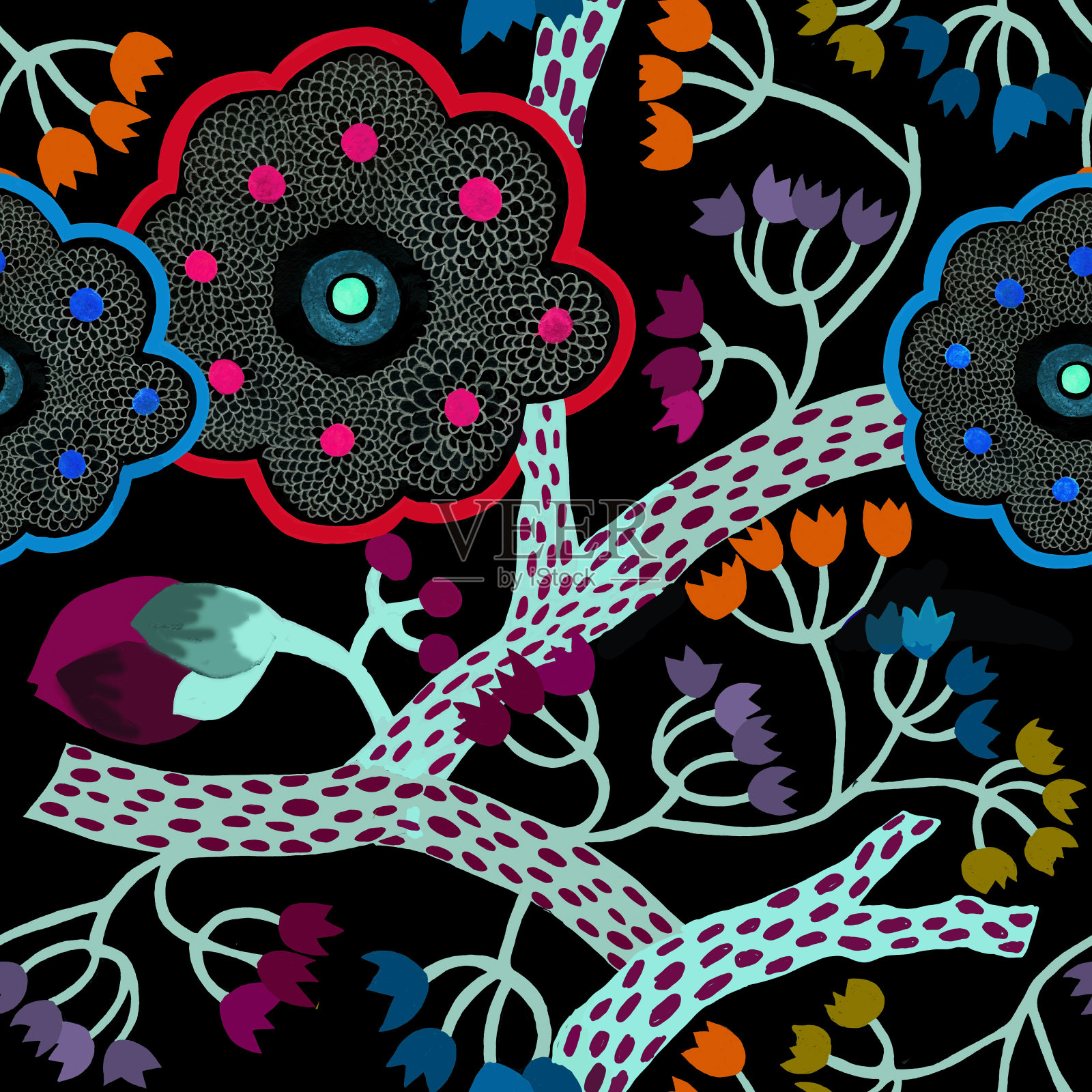 图形观赏性幻想花朵无缝图案。插画图片素材