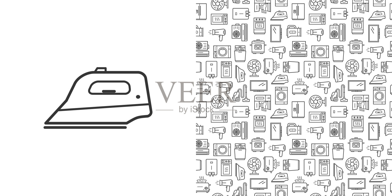 铁的图标和矢量无缝模式与家用电器。白色背景上的线条样式图标插画图片素材