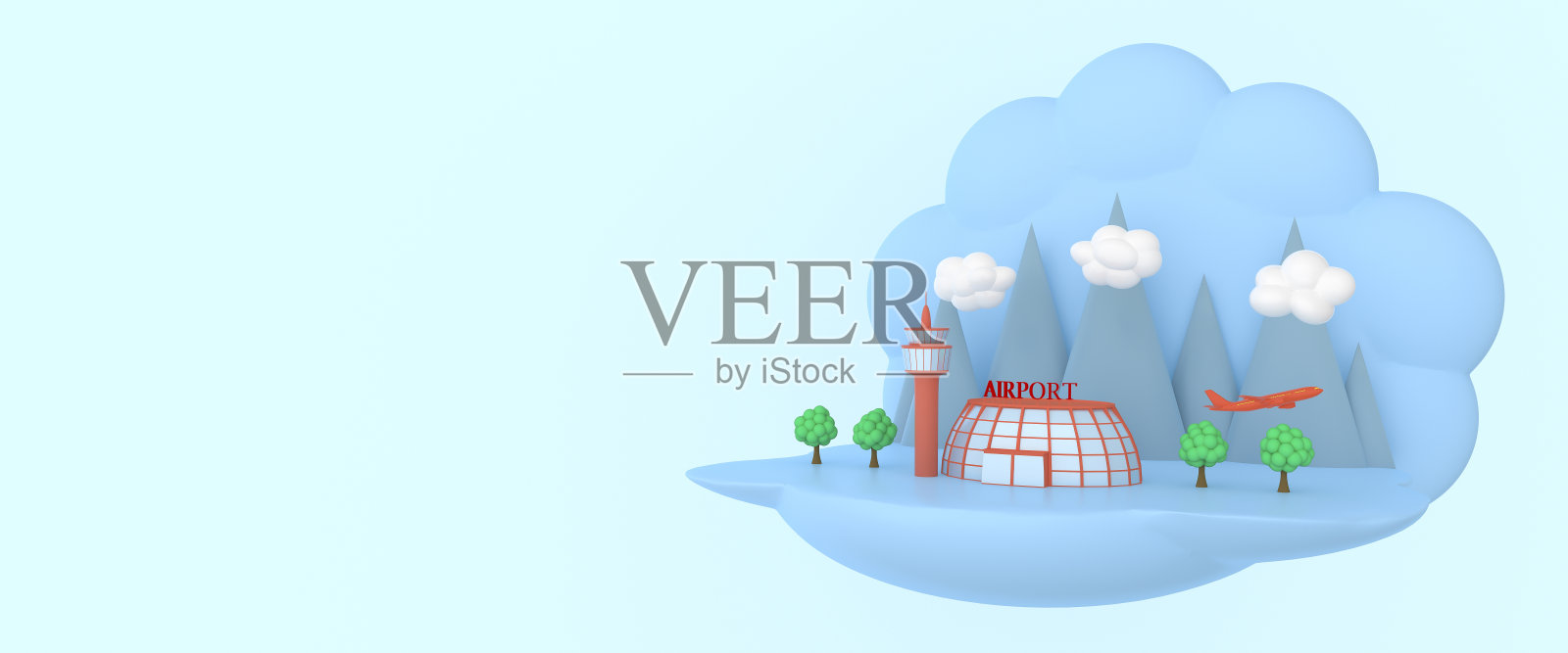 以机场、飞机、树木、山脉、云朵为背景的创意插画。蓝色的横幅。插画图片素材