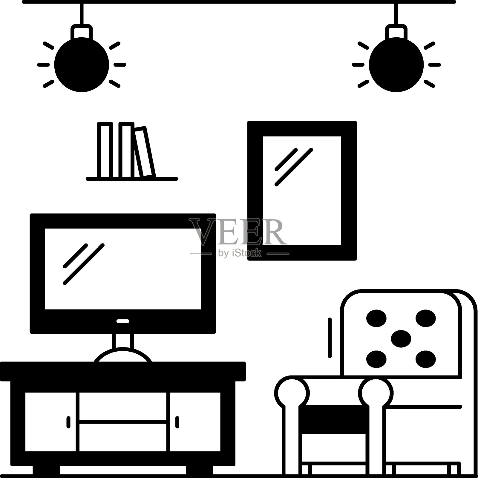 客厅与椅子和lcd概念，舒适的悬挂灯家庭内部矢量字形图标设计，小客厅布局符号，家庭和办公室装饰元素在白色背景插画图片素材