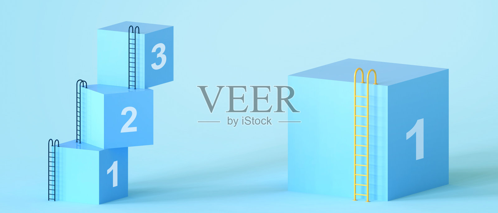 创意目标与正方形几何形状最小和楼梯的概念显示网站上的蓝色背景，横幅- 3d渲染照片摄影图片