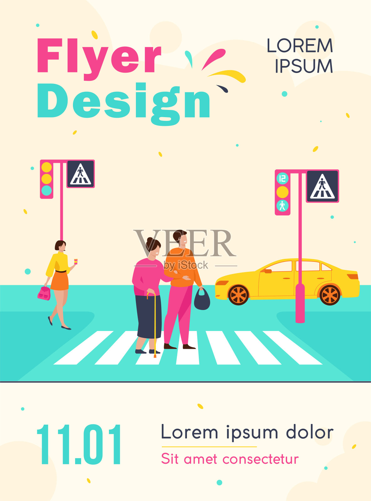 一个年轻人帮助一位老妇人过马路设计模板素材