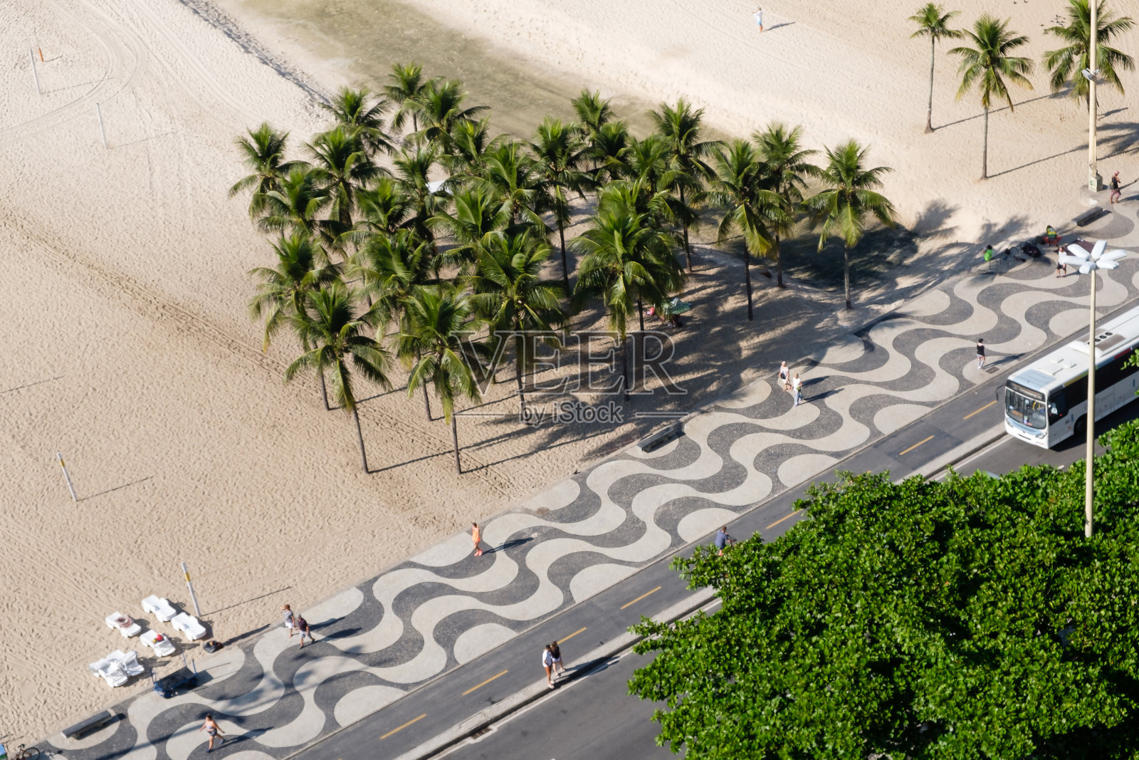 下午晚些时候从酒店屋顶拍摄的科帕卡巴纳木板路的景色，带有著名的葡萄牙石头纹理。巴西的里约热内卢照片摄影图片