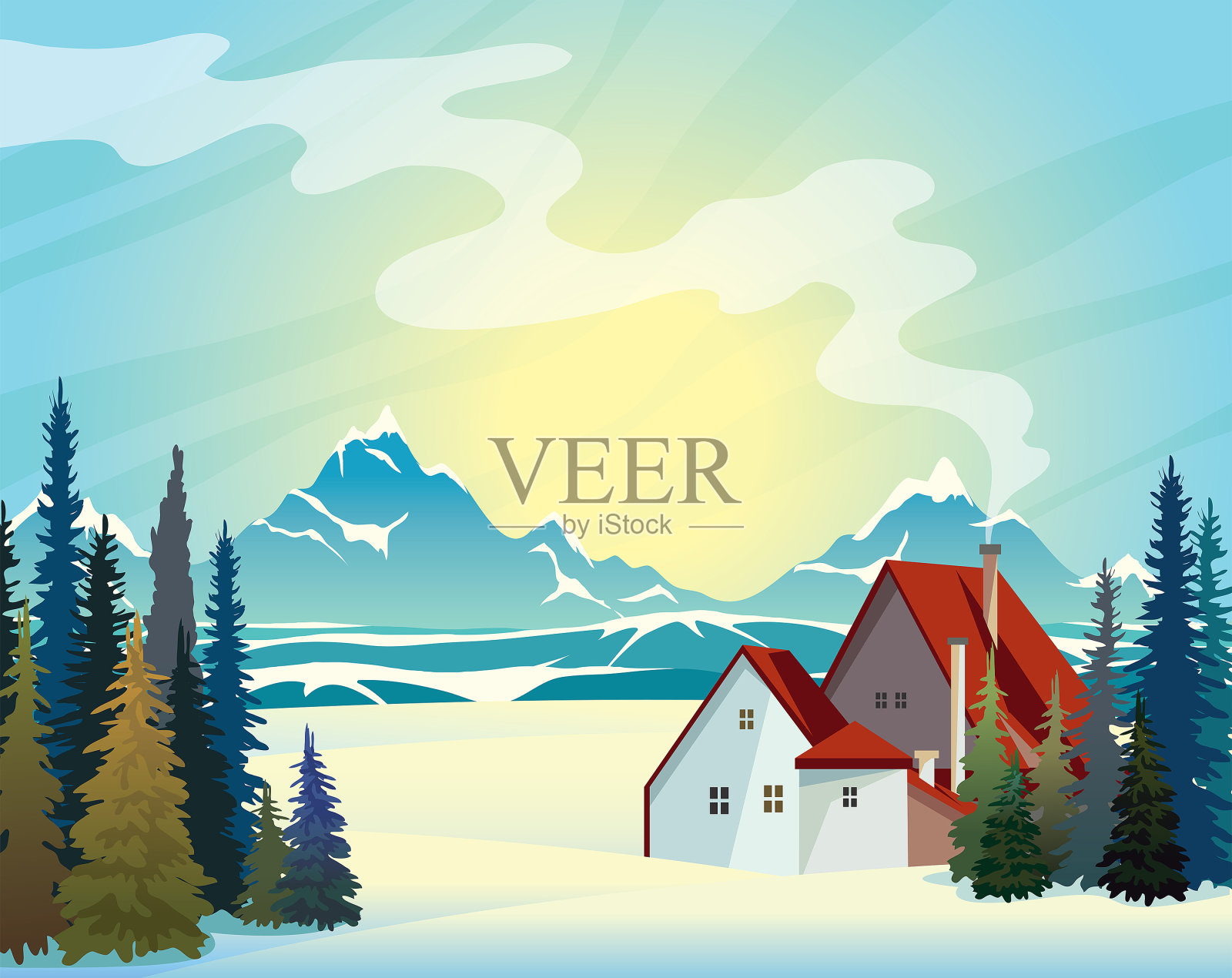 冬季景观-山脉，森林和房屋插画图片素材