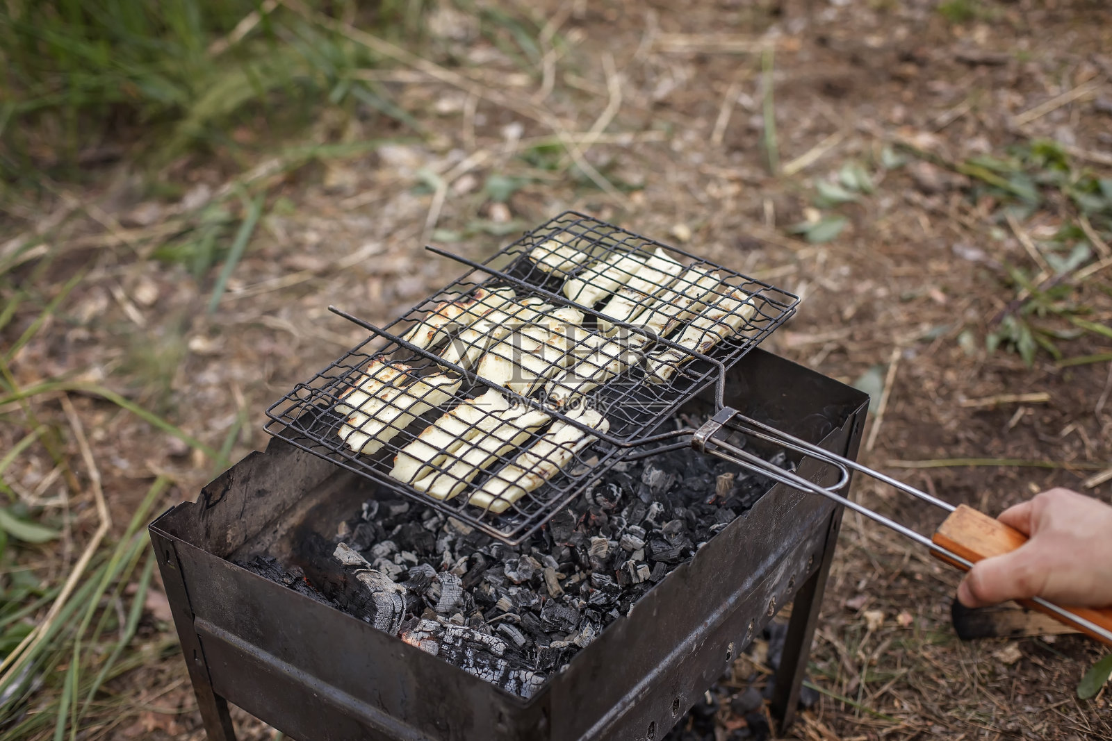 家庭户外休闲。篝火上烤奶酪，周末徒步旅行，生活方式照片摄影图片